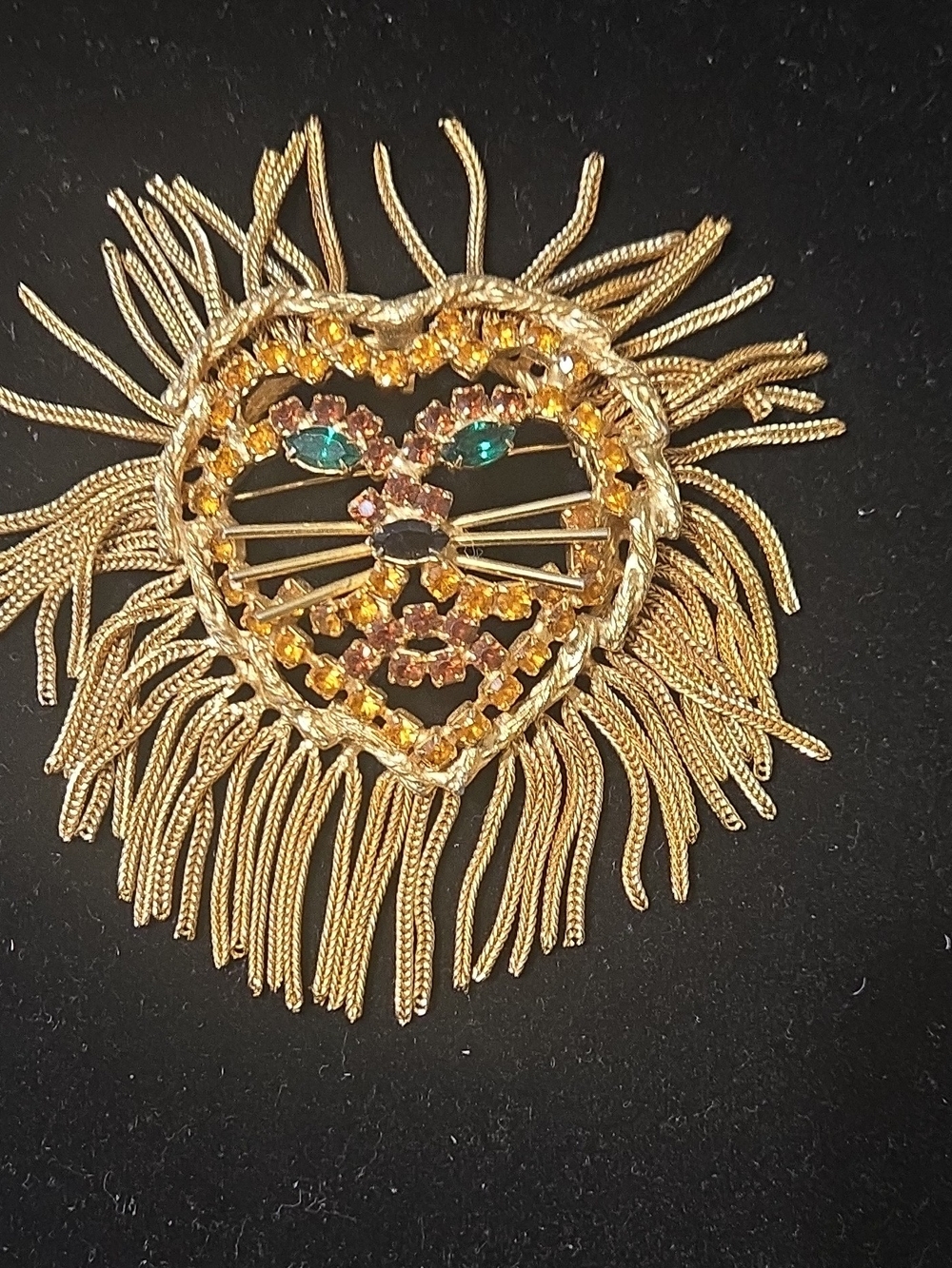 Gold Lion Heart Brooch with Amber and Emerald Crystals